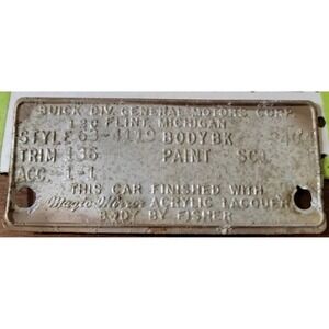 1963 Buick Special Fisher Body Data Tag Data Plate Car 4dr OEM